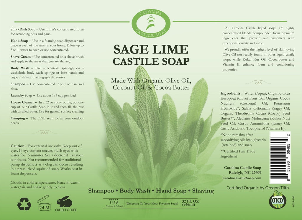Carolina Castile Sage Lime Castile Soap Liquid - 32 Oz - Made with Organic Olive