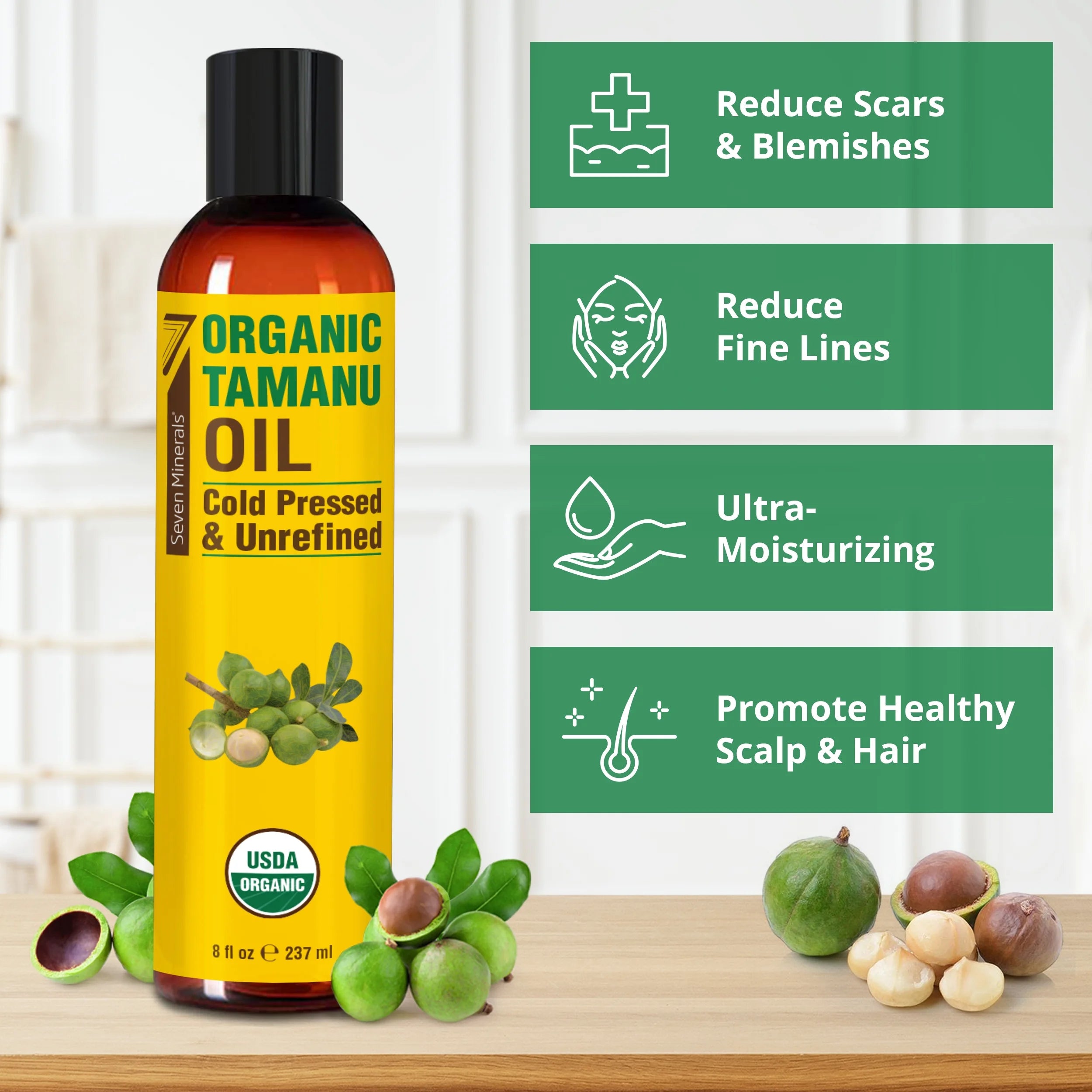 Seven Minerals USDA Organic Tamanu Oil - Big 8Oz - Cold Pressed for Skin, Face, Hair, & Nails