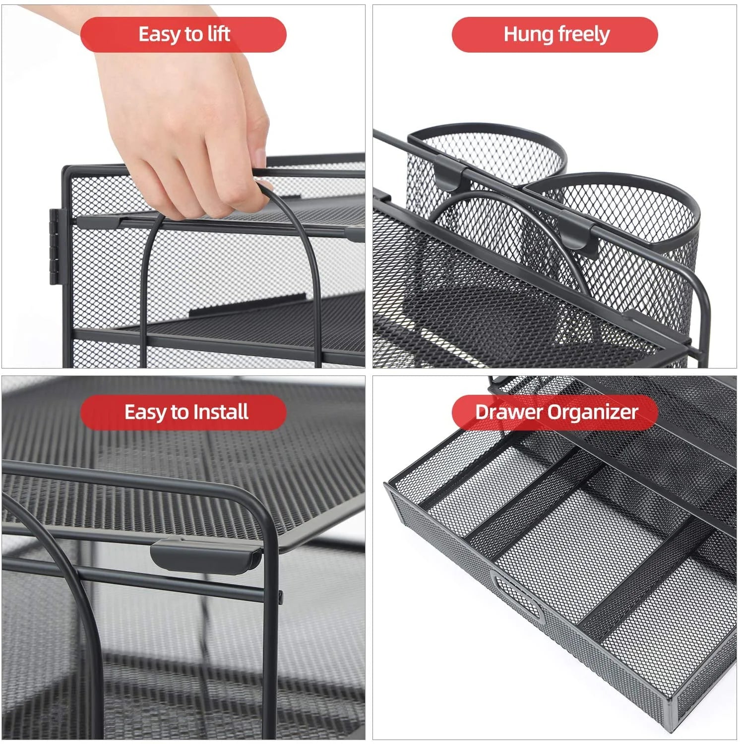 4-Tier Desk Organizer with Drawer – Multi-Functional Desktop File Holder with Pen & Pencil Cup, Letter Tray Organizer for Office Supplies, Black Metal File Organizer for Home and Office