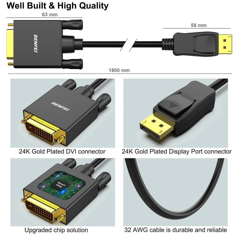 Displayport to DVI 6 Feet Cable Compatible with Lenovo, Dell, HP and Other Brand