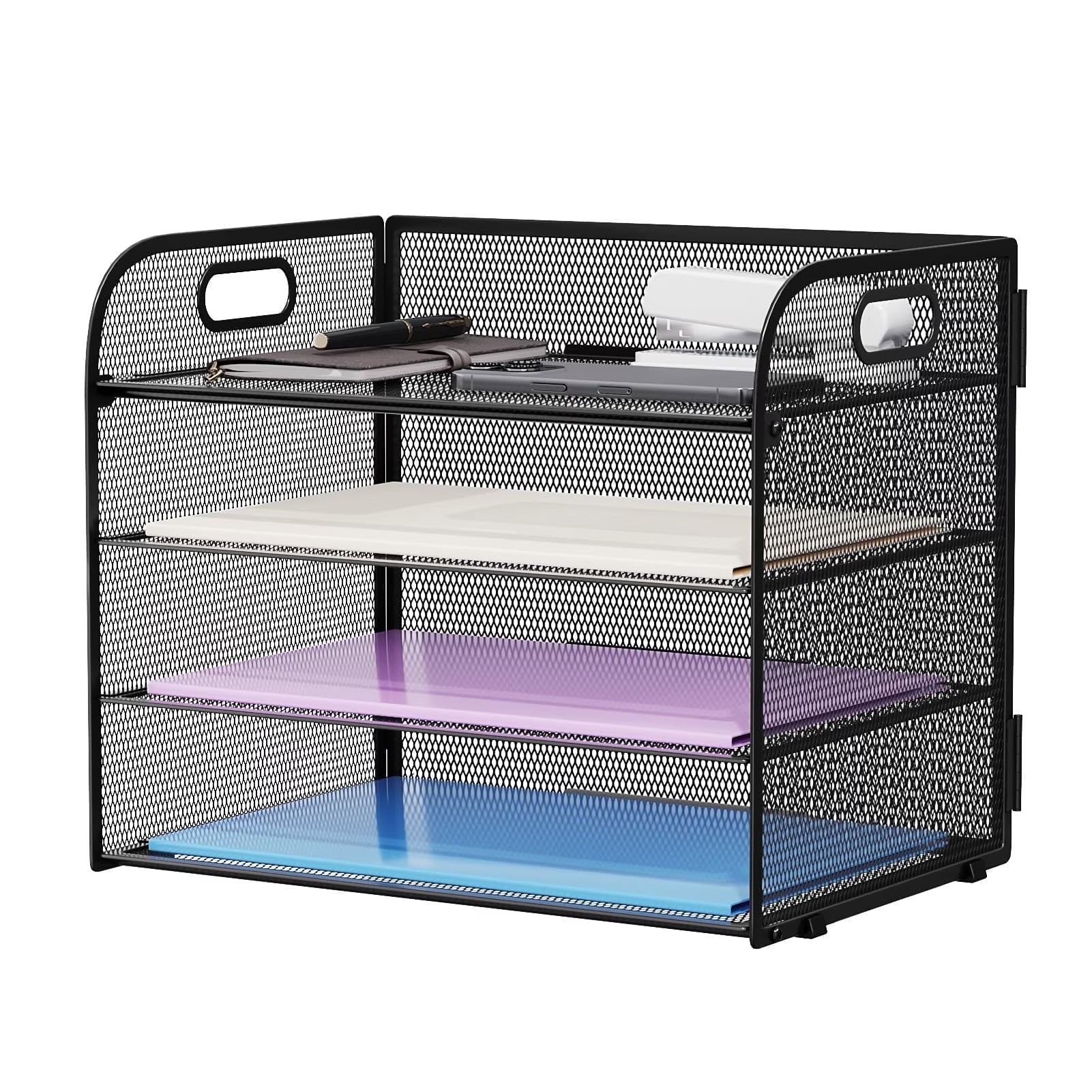 4-Tier Desk Organizer Tray, ,Paper Organizer for Desk,Mesh Desktop File Organizers with Handle
