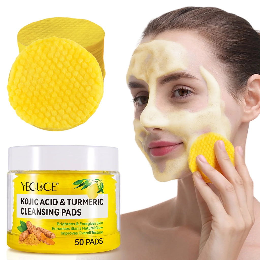 50 Pads Kojic Acid & Turmeric Cleansing Pads-Cleanses Pores, Exfoliates, Removes Dirt and Makeup, Facial Cleansing Pads for Women & Men