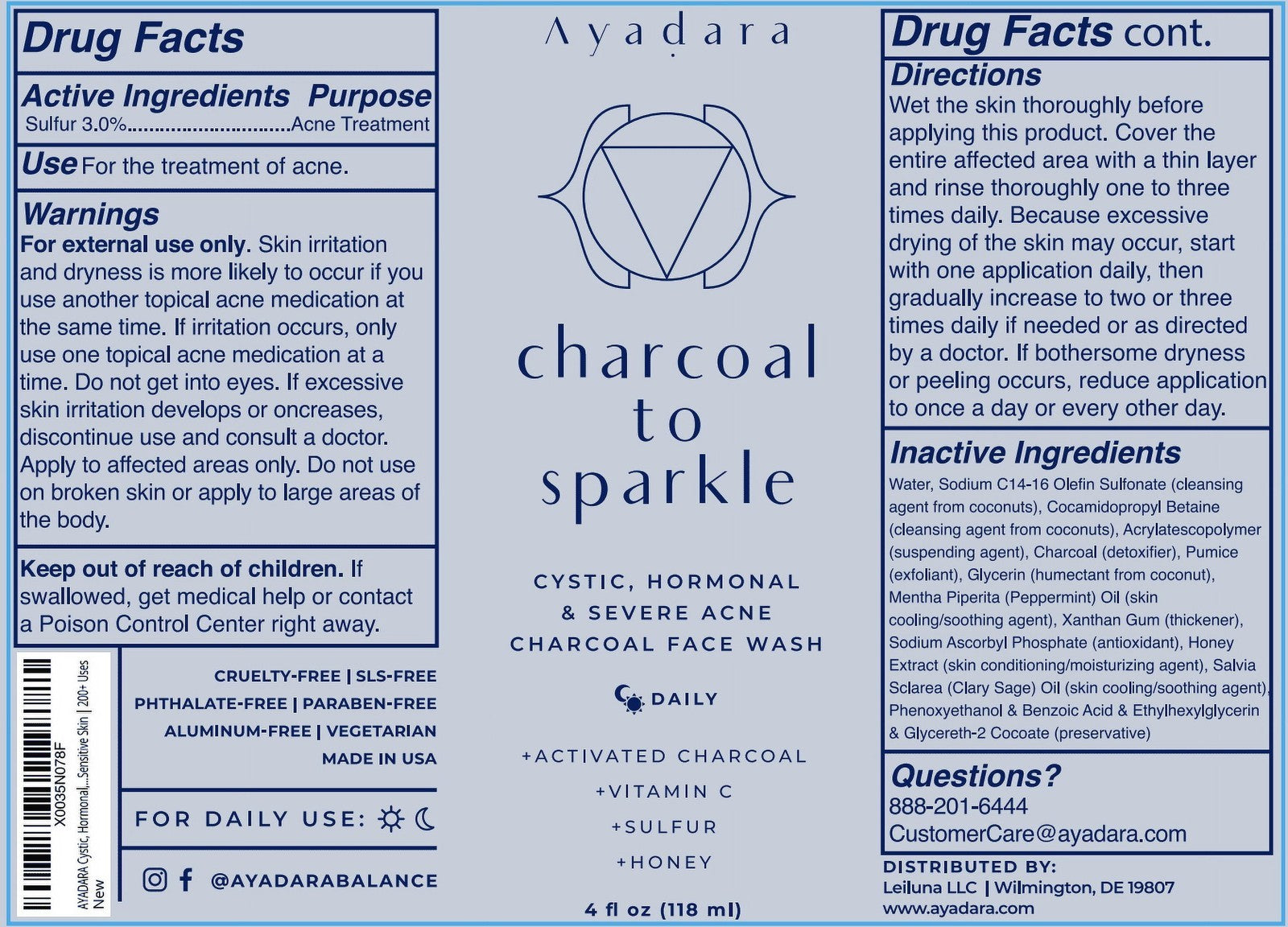 Acne Face Wash with Charcoal & Sulfur, Cystic & Hormonal Acne Cleanser, 8 Fl Oz,