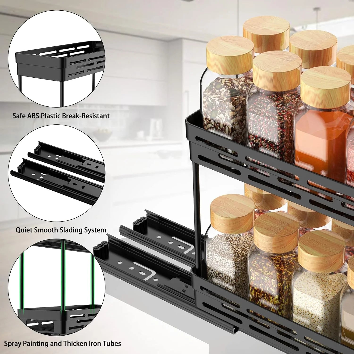 2 Packs Pull-Out Spice Rack Organizer for Cabinets, Slide-Out Design, Multi Purp