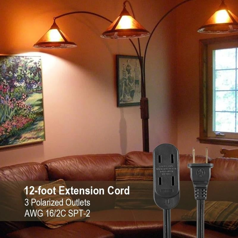 12FT 16AWG 2 Prong Black Indoor Household Extension Cord, 125V, 13A