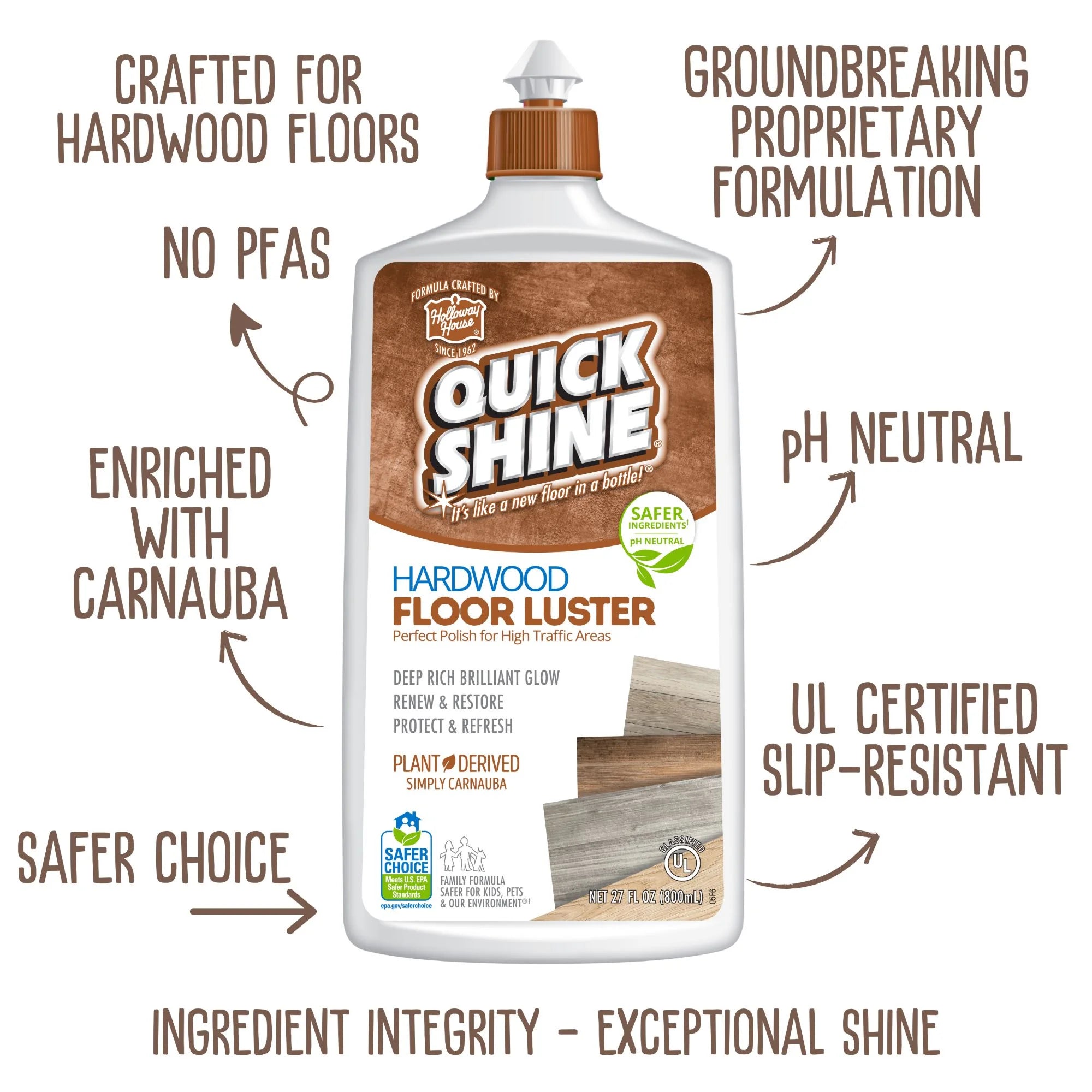 Quick Shine Hardwood Floor Luster, Pfas-Free Formula Floor Polish with Plant-Derived Carnauba 27Oz