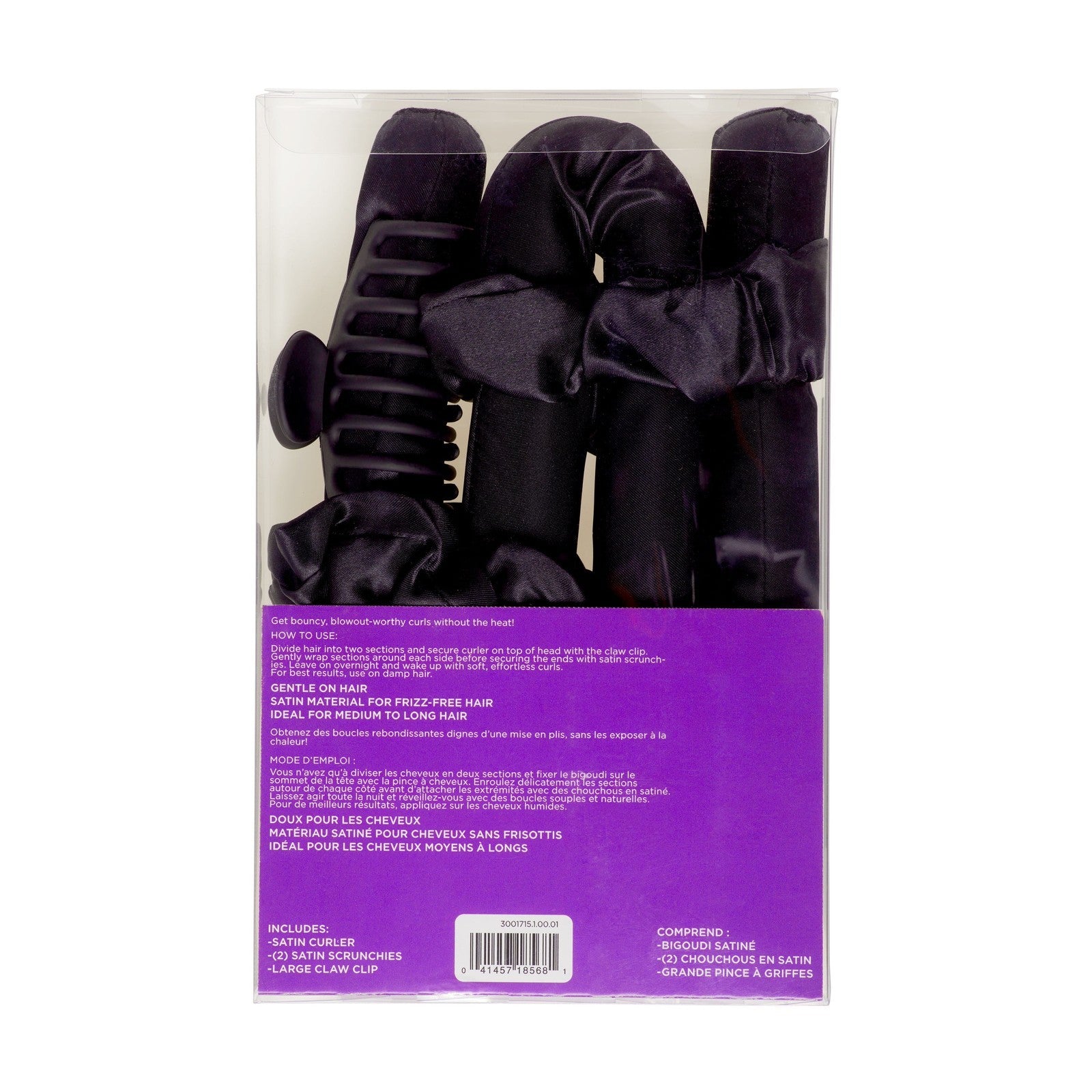 Black Overnight Heatless Hair Curler Set with Claw Clip and Satin Scrunchies, No