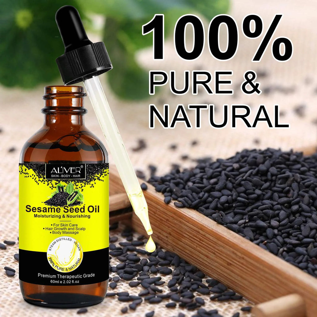 ALIVER Sesame Seed Oil for Face, Skin, Body, Hair, Massage, Moisturizing & Nourishing, 100% Pure & Natural, Cold Pressed, Cruelty Free, 2.02 Fl Oz