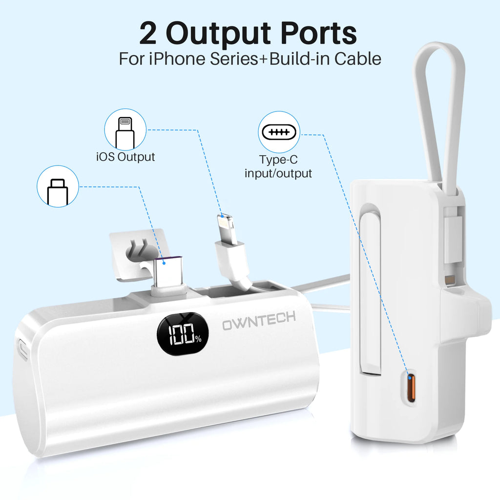 PLUSBRAVO Portable Charger Small Fast Charger 5000Mah Portable Power Pack with Built-In Cables, for Iphone, Samsung