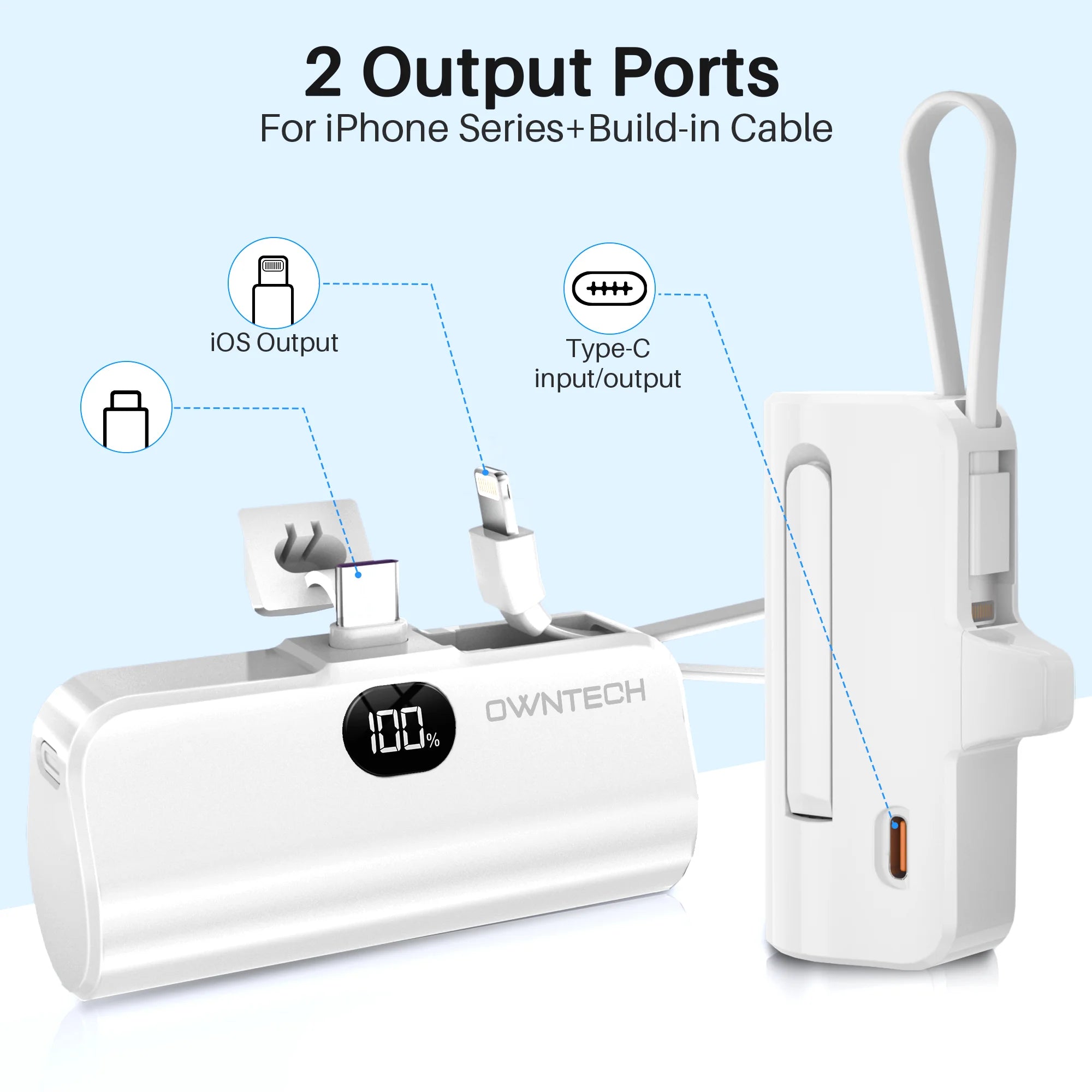 PLUSBRAVO Portable Charger Small Fast Charger 5000Mah Portable Power Pack with Built-In Cables, for Iphone, Samsung
