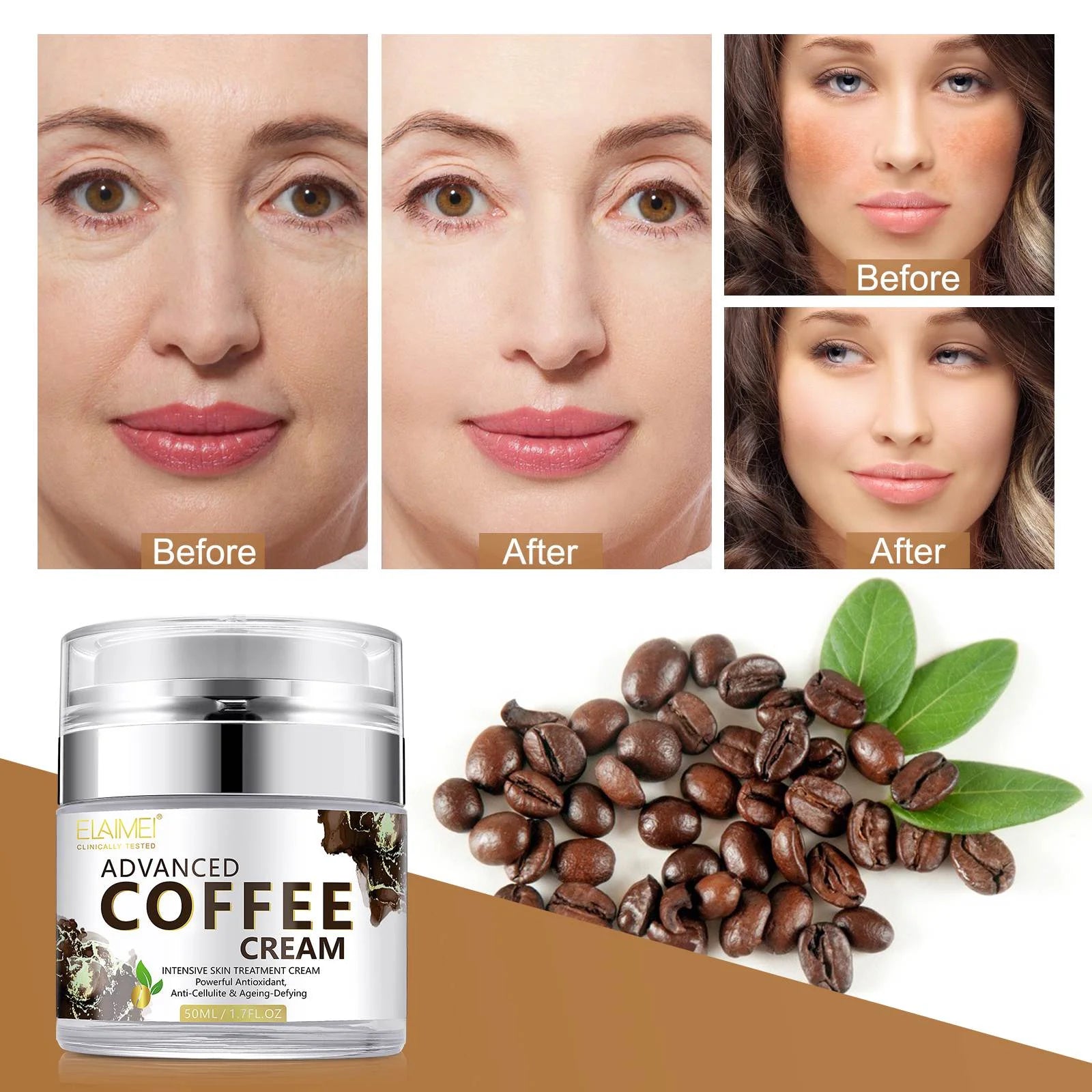Advanced Coffee Cream for Face, anti Aging Moisturizer for Reducing Wrinkles, Firm, Tighten, Even Skin Tone, Day & Night Cream for Women and Men, 1.7 Fl.Oz