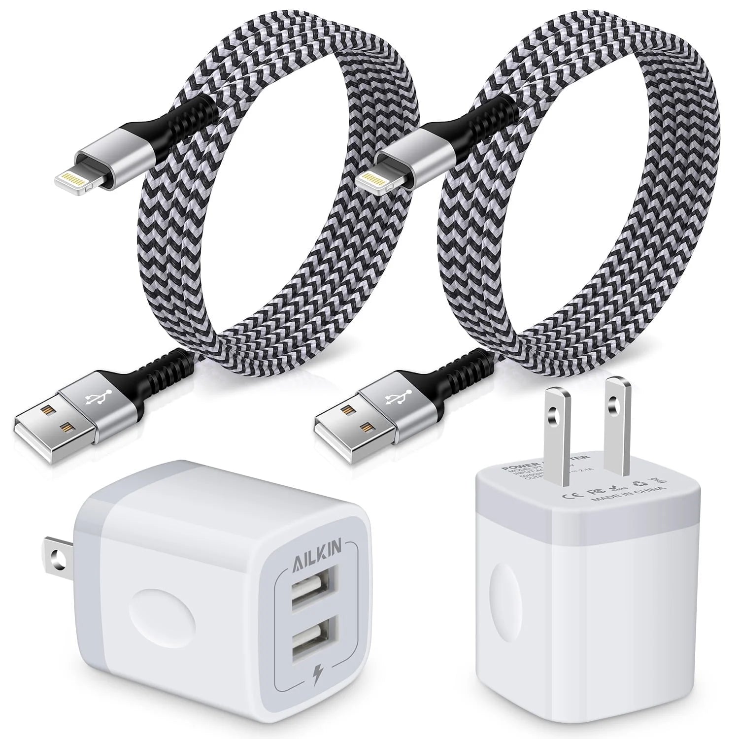 AILKIN Compatible with Iphone Charger Fast Charging with 2Pack Usb a Light-Ning Cables 6Ft Cords 2.1A Dual Port Charger Blocks Compatible with Iphone 14/13/12/11,White