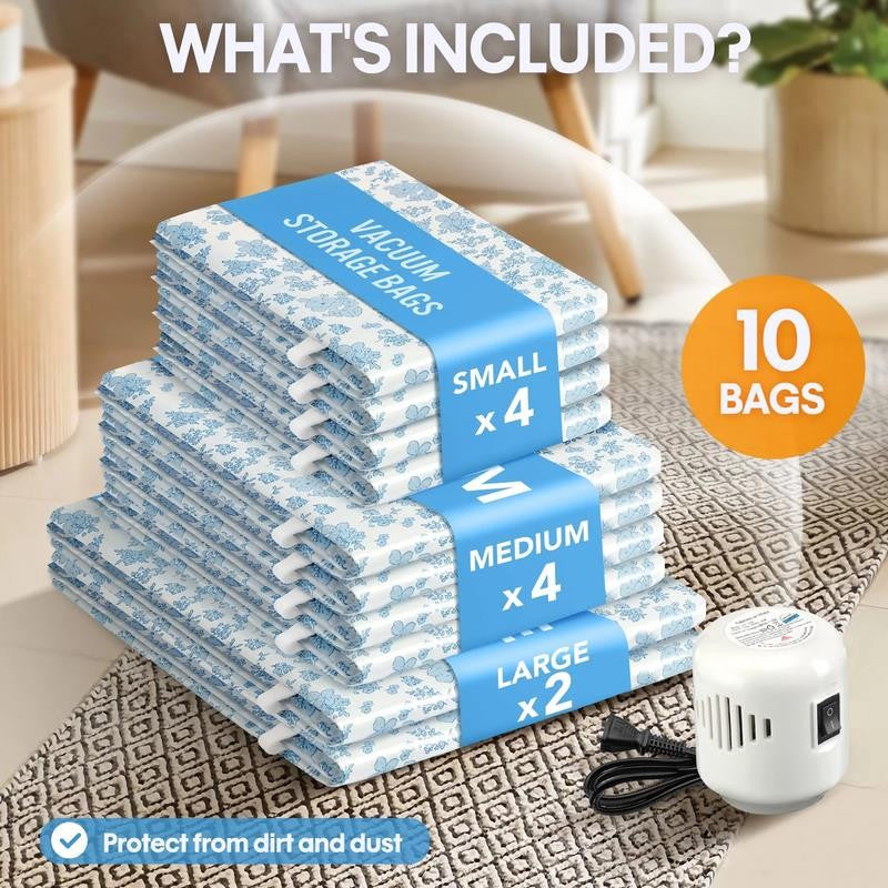 10 Combo Vacuum Storage Bags with Electric Pump, Reusable Travel Vacuum Storage