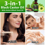 3-IN-1 Black Castor Oil with Amla & Black Seed Oil, 100% Pure & Natural, Hair Care & Skin Care, Organic Cold-Pressed, Cruelty-Free & Vegan, 2.02 Fl Oz