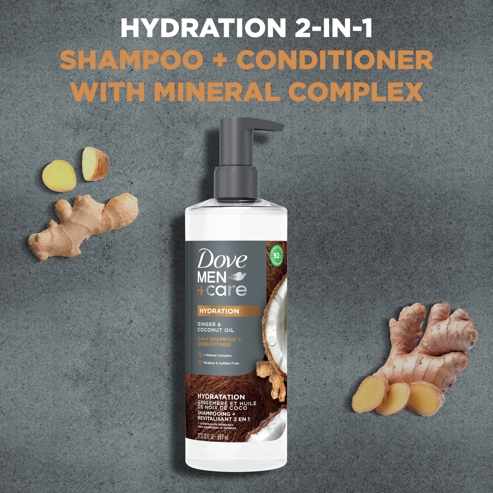 2-In-1 Shampoo + Conditioner for Men Ginger & Coconut Oil, 17.5 Oz