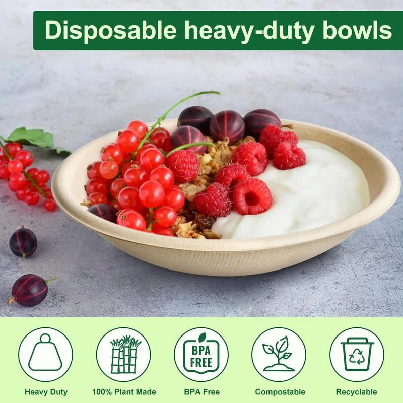 24 OZ Compostable Paper Bowls Heavy-Duty Bulk, 125 Pack Natural Sugarcane Fibers