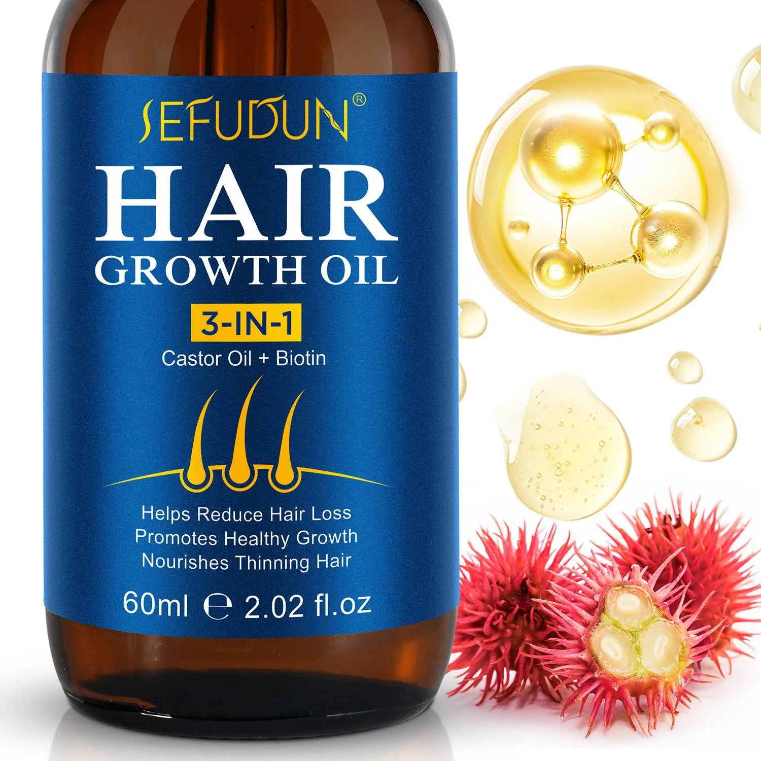 3 in 1 Hair Care Oil with Castor Oil for Healthier Hair, Nourishes Thinning Hair, No Chemicals, Formulated for Hair Health, Women & Men, All Hair Types, 2.02 Fl Oz