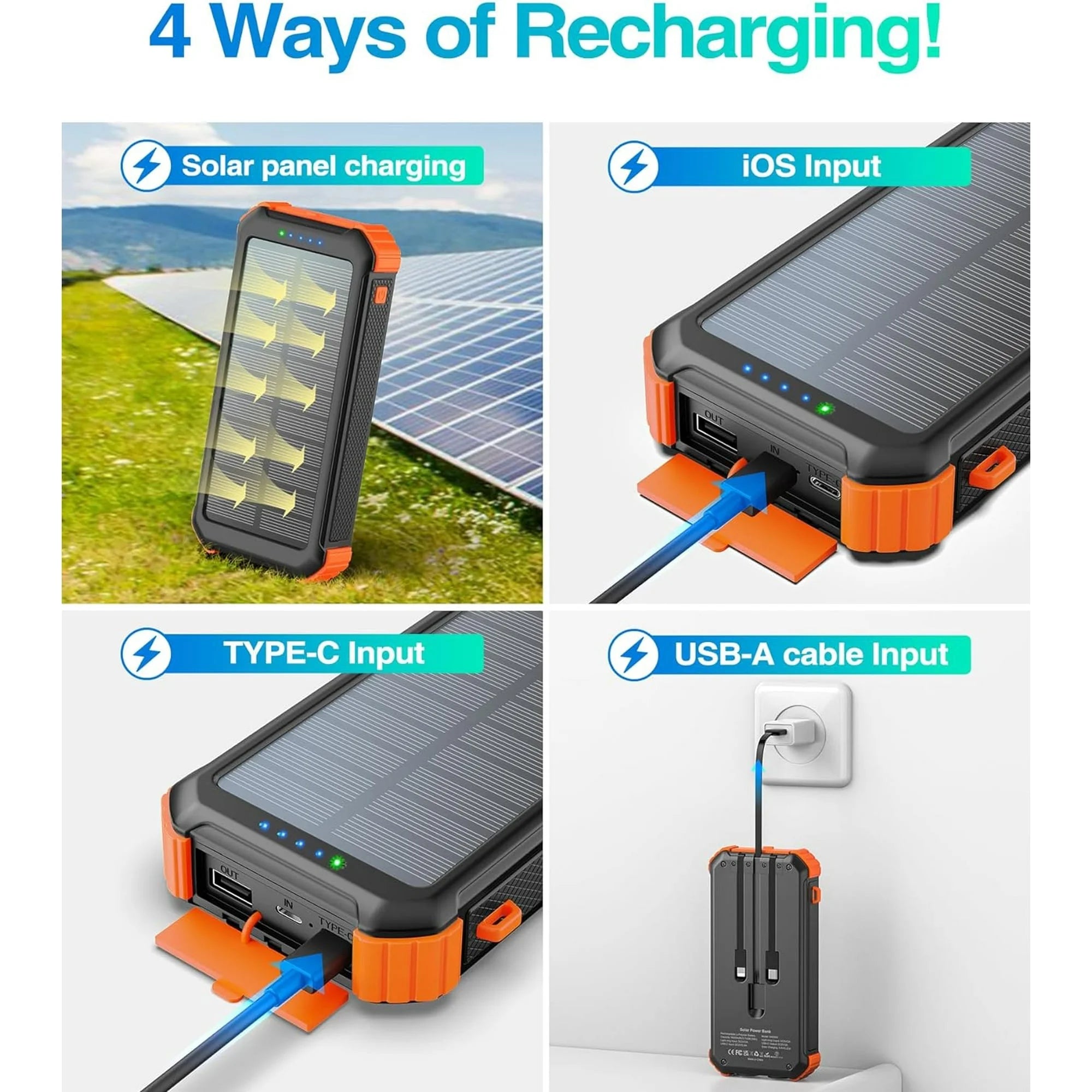 45800Mah Solar Charger Power Bank 15.5W Fast Charging USB Battery Pack with 3 Cables, Solar Phone Charger Compatible for Iphone & Android
