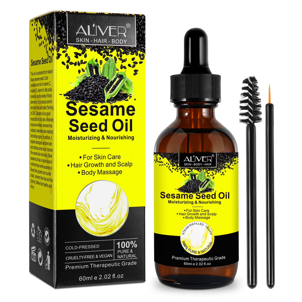 ALIVER Sesame Seed Oil for Face, Skin, Body, Hair, Massage, Moisturizing & Nourishing, 100% Pure & Natural, Cold Pressed, Cruelty Free, 2.02 Fl Oz