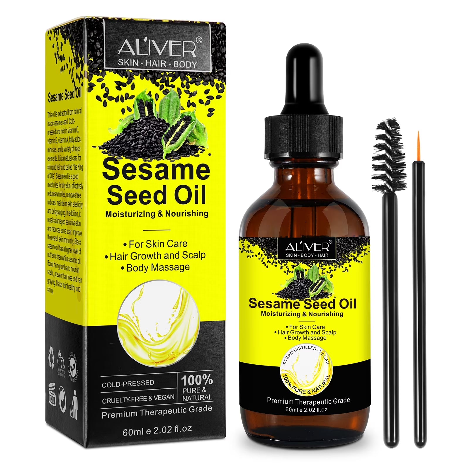 ALIVER Sesame Seed Oil for Face, Skin, Body, Hair, Massage, Moisturizing & Nourishing, 100% Pure & Natural, Cold Pressed, Cruelty Free, 2.02 Fl Oz