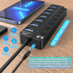 7 Port USB Hub Splitter 3.0 for Laptop Desktop USB Adapter with Individual Switc