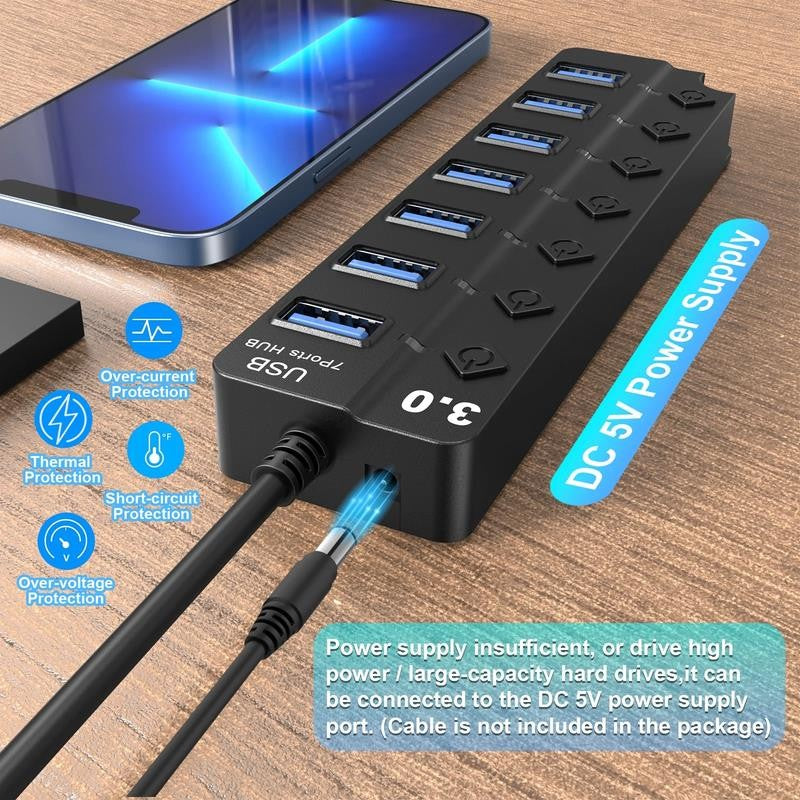 7 Port USB Hub Splitter 3.0 for Laptop Desktop USB Adapter with Individual Switc