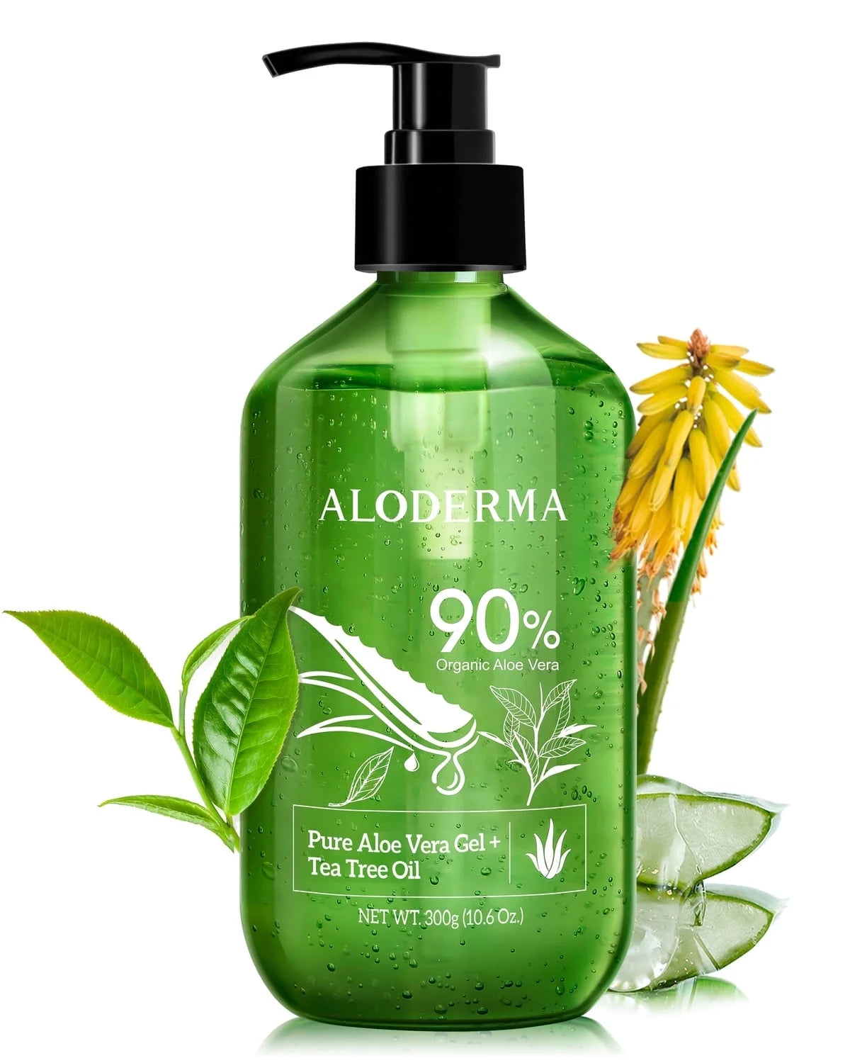 Aloderma 90% Pure Organic Aloe Vera Gel with Tea Tree Oil - Pure Aloe Vera Gel for Face - Natural Aloe Vera Gel for Sunburn Treatment, Acne, Aftershave, after Waxing - Aloe Vera Moisturizer for Face