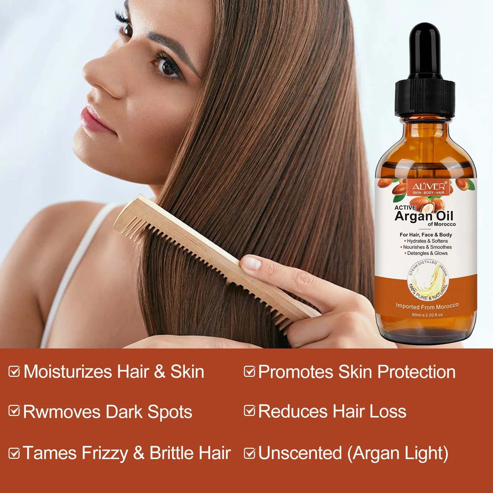 Argan Oil for Hair, Face & Skin from Morocco, Deep Hydration, Nourishes & Smoothes, 100% Pure & Natural, Cold Pressed, Cruelty Free, 2.02 Fl Oz