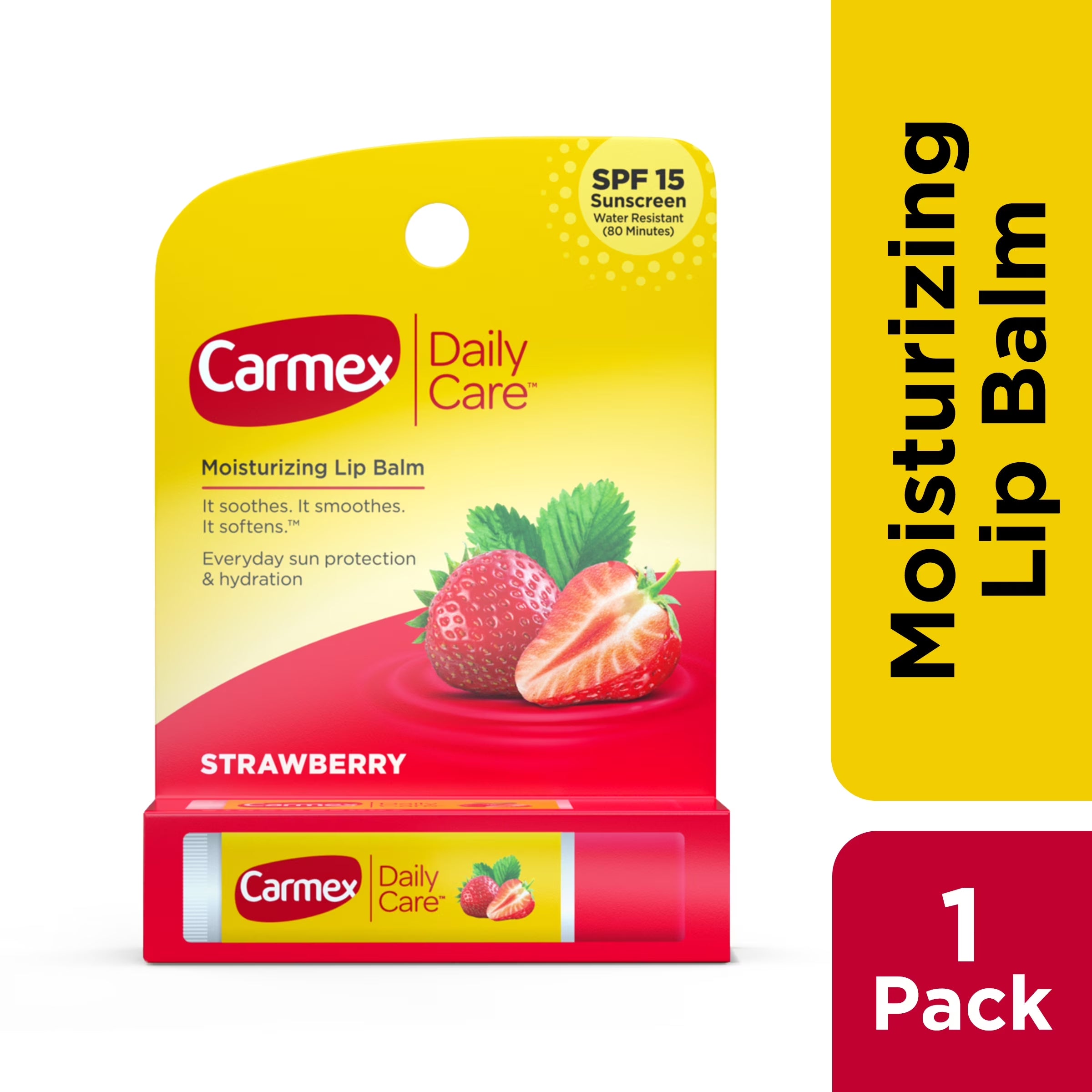 Carmex Daily Care Moisturizing Lip Balm Stick, SPF 15, Strawberry Flavor, 1 Count