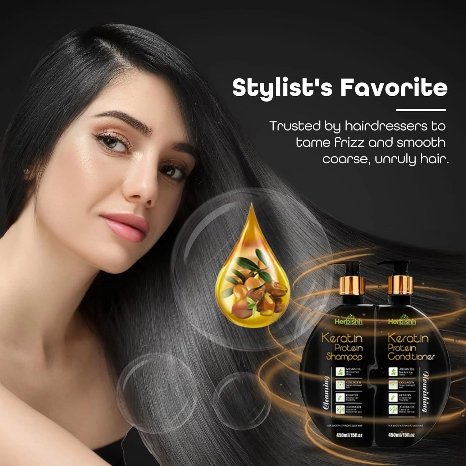 Herbishh Keratin Shampoo and Conditioner Set – Shiny & Frizz-Free, All Hair Types, Unisex, 450Ml