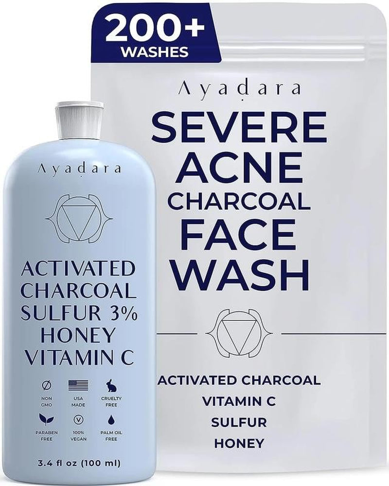 Acne Face Wash with Charcoal & Sulfur, Cystic & Hormonal Acne Cleanser, 8 Fl Oz,