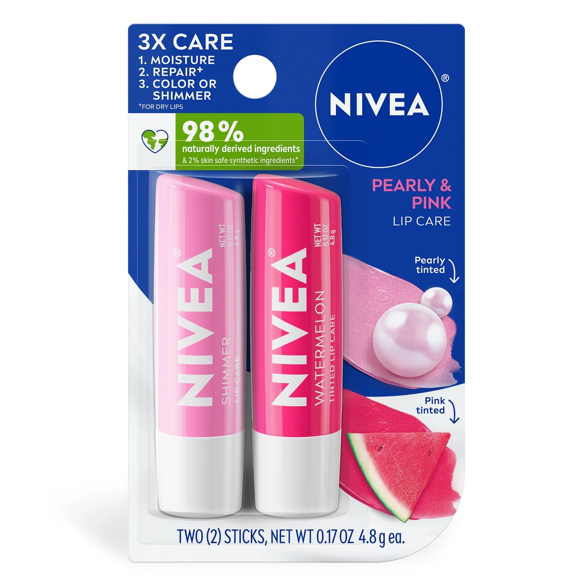 NIVEA Pearly and Pink Lip Care, Tinted Lip Balm Set, 0.17 Oz Stick, Pack of 2