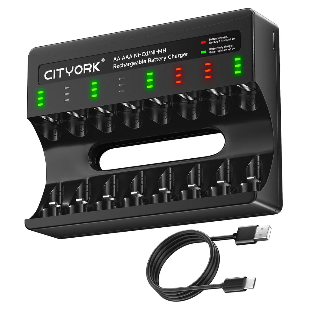 CITYORK 8 Bay Rechargeable Battery Charger with Charging Alert Display，Fast Charging for 1.2V AA AAA Nimh Nicd Rechargeable Batteries with USB Cable