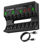 CITYORK 8 Bay Rechargeable Battery Charger with Charging Alert Display，Fast Charging for 1.2V AA AAA Nimh Nicd Rechargeable Batteries with USB Cable