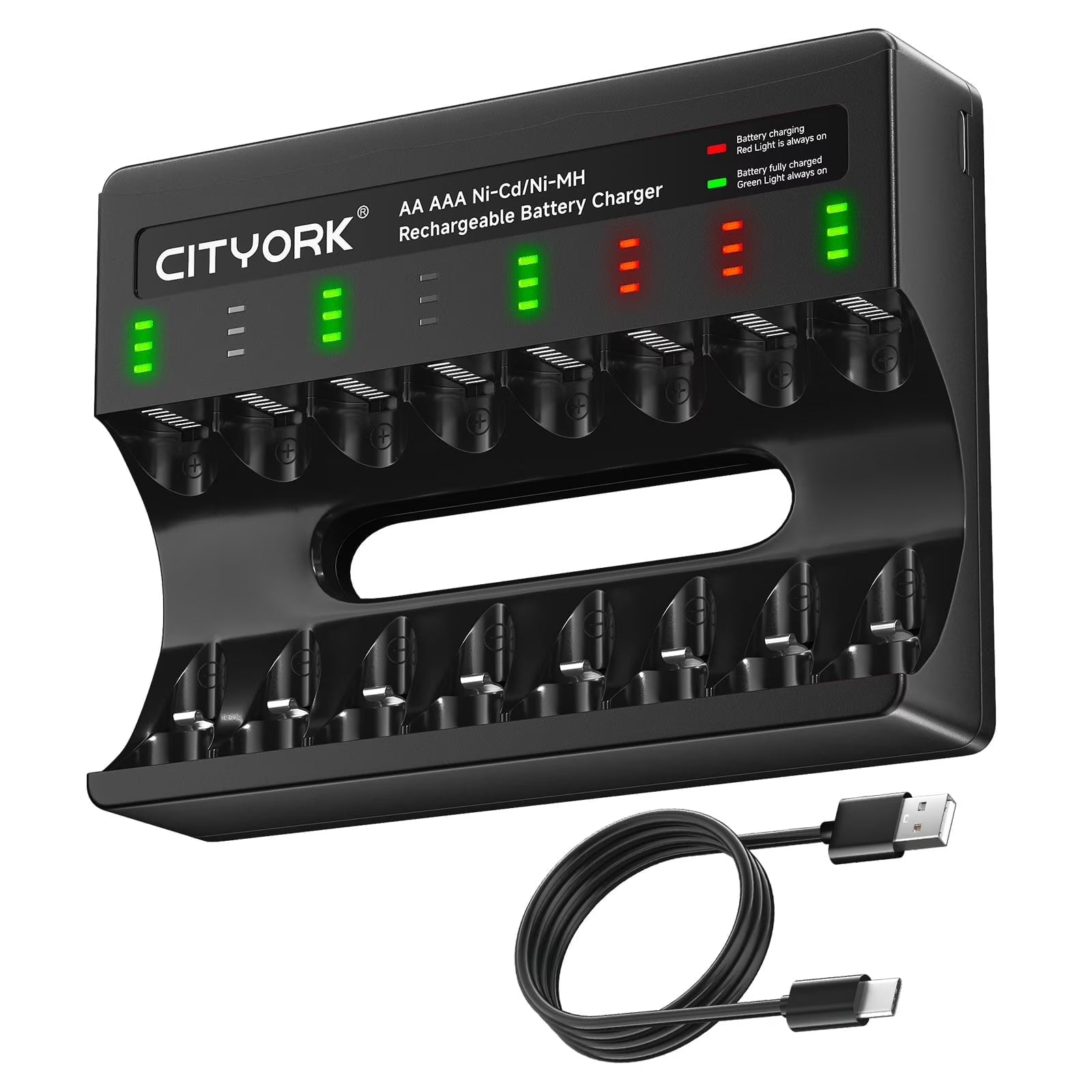 CITYORK 8 Bay Rechargeable Battery Charger with Charging Alert Display，Fast Charging for 1.2V AA AAA Nimh Nicd Rechargeable Batteries with USB Cable