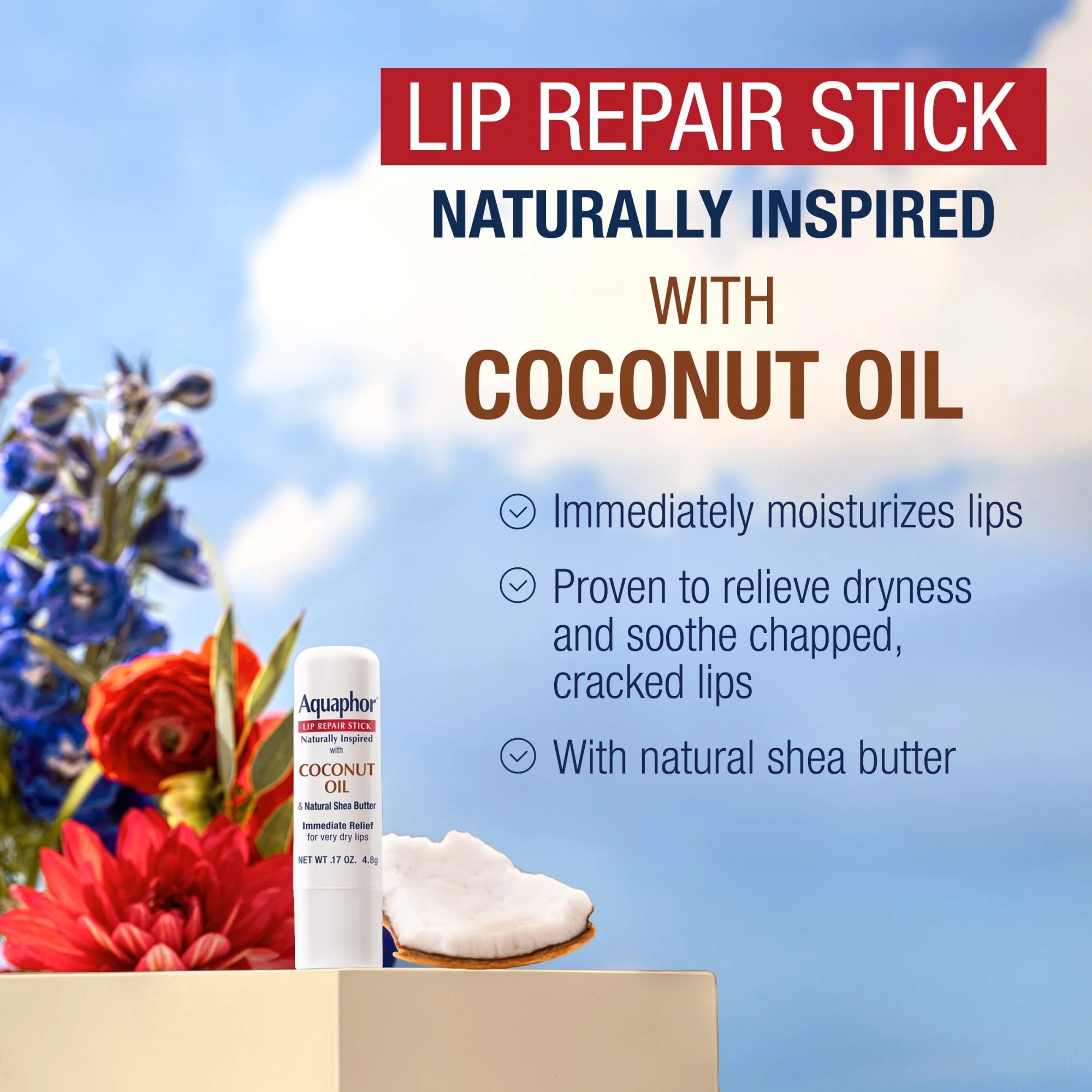 Aquaphor Naturally Inspired Lip Repair Sticks, Lip Balm with Coconut Oil, Pack of Two 0.17 Oz Sticks