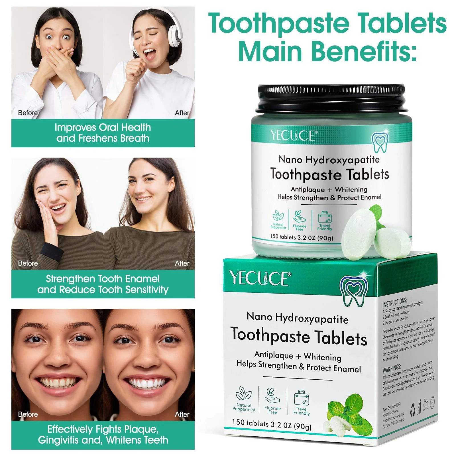 150 Spearmint Tablets , Fluoride Free & Eco Friendly, Travel Mouthwash Tablets, Chewable Toothpaste Tablet 2Pack
