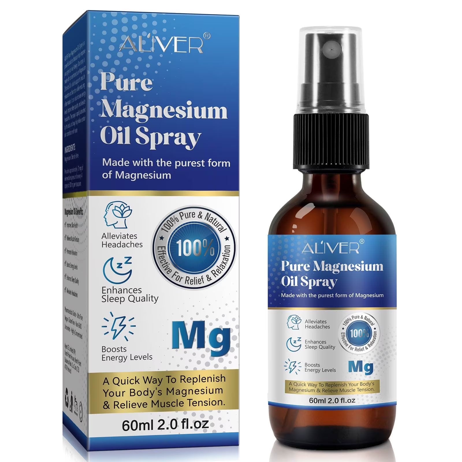 Aliver Pure Magnesium Oil Spray for Stress Relief & Healthy Skin, 100% Natural, 2.0 Fl.Oz