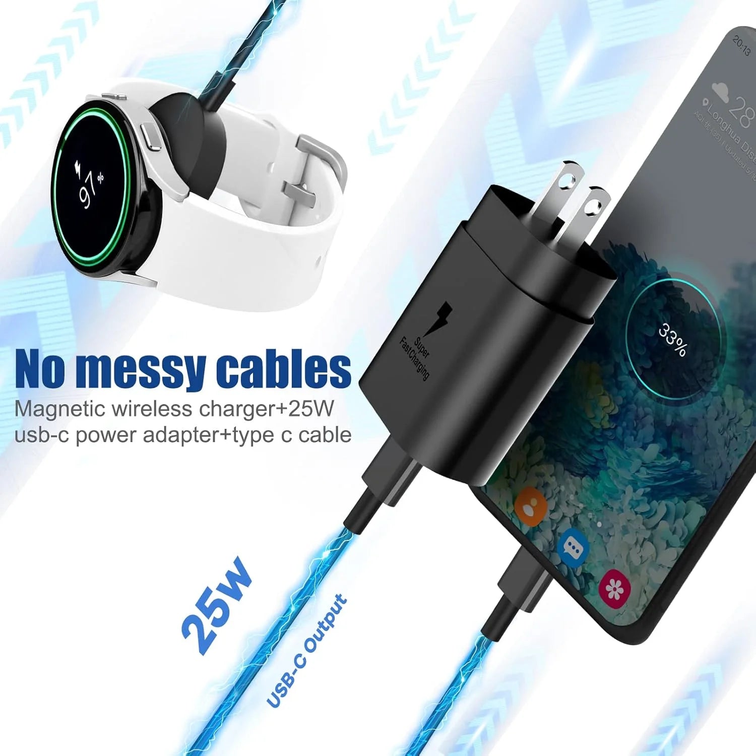 2 In1 Samsung Watch Charger,25W USB C Fast Charger Compatible with Galaxy Watch 7/6/6 Classic/5 Pro/5/4 /4 Classic/3/Active2/1 and Galaxys24/S23 /S22/21/20 Note/Z Fold 6(6Ft)