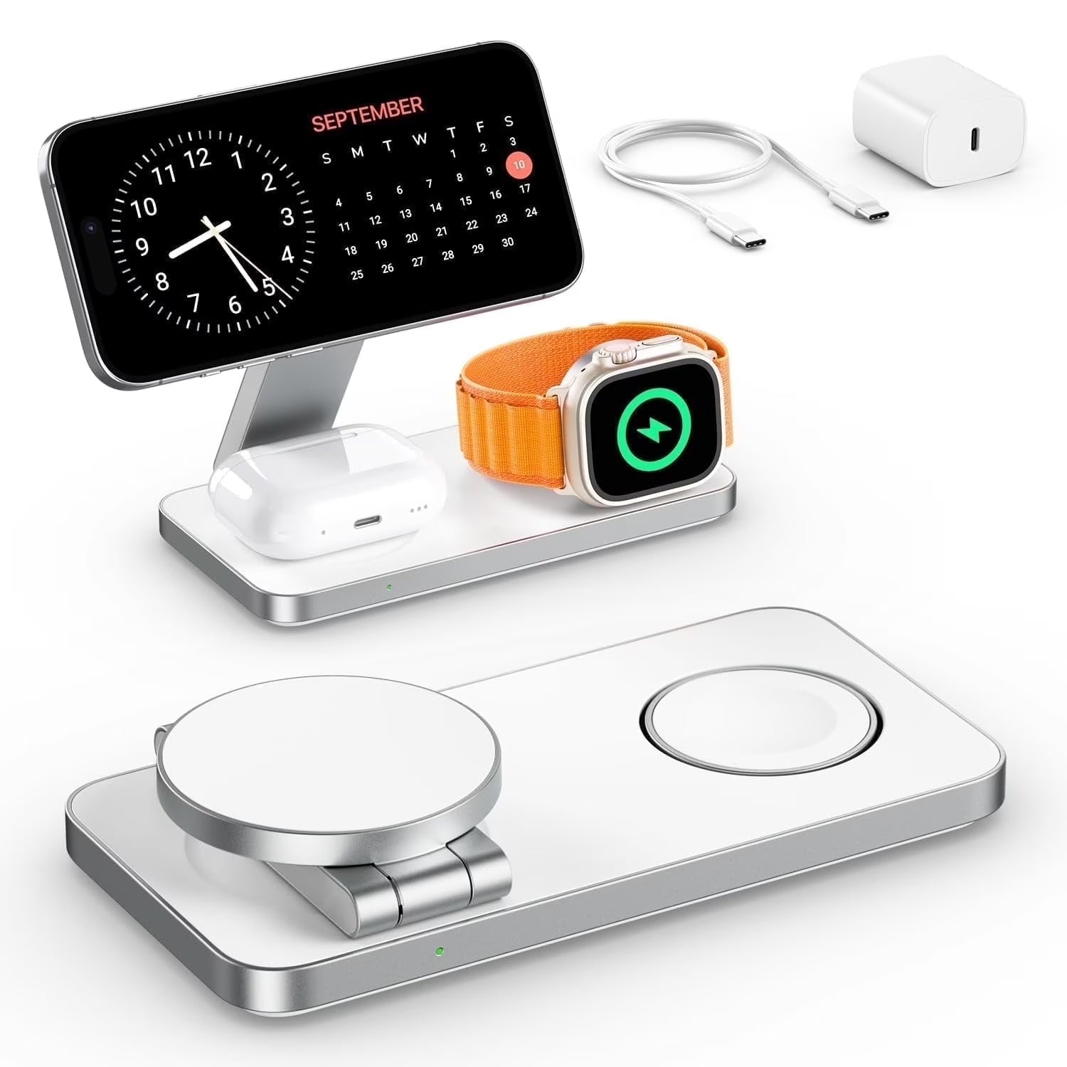 3-In-1 Magnetic Foldable Wireless Charging Station - Fast Charging Compatible with Magsafe (Iphone 16/15/14/13/12), Apple Watch 4 5 6 7 8 9 10 Se/Ultra & Airpods Pro/4/3/2