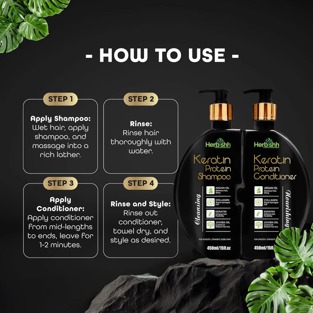Herbishh Keratin Shampoo and Conditioner Set – Shiny & Frizz-Free, All Hair Types, Unisex, 450Ml