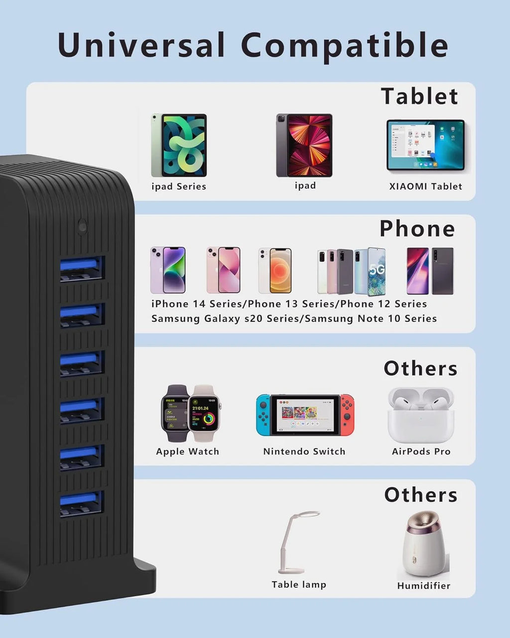 VHBW USB Tower 20W Charging Station, 6 USB Ports Charger Electric Desktop Multiple Charger Station Compatible with Smart Phone and Tablets Etc