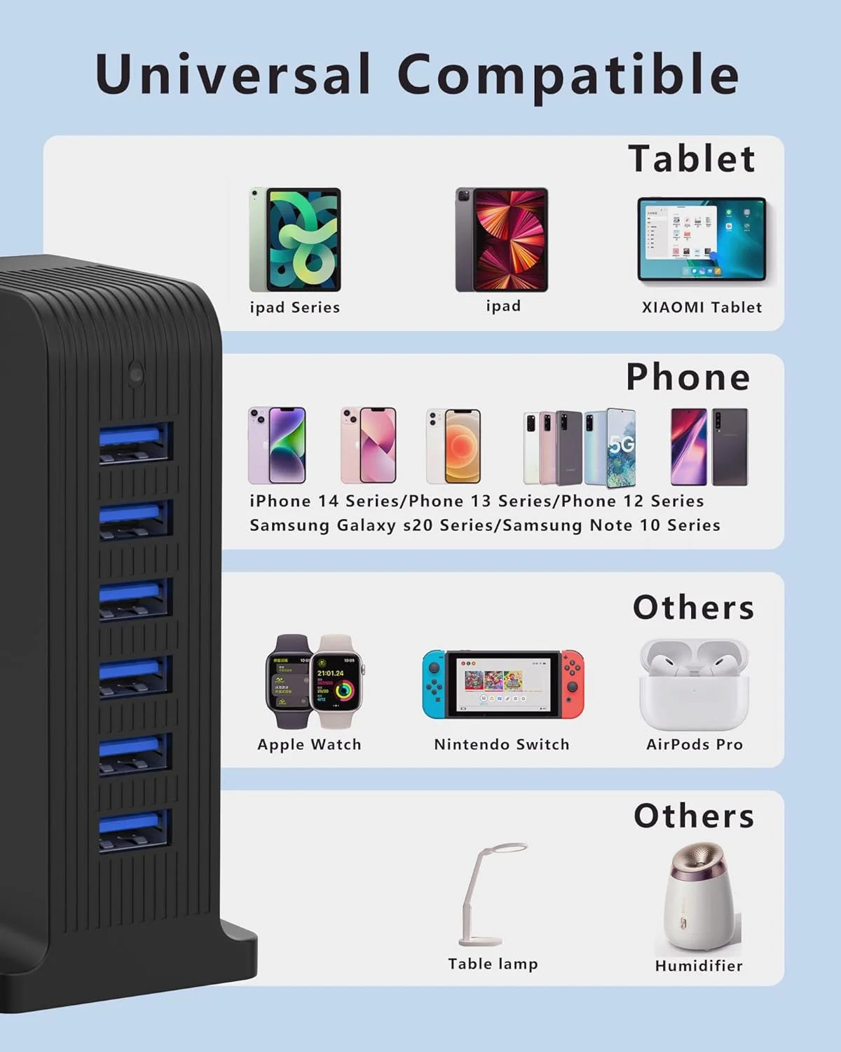 VHBW USB Tower 20W Charging Station, 6 USB Ports Charger Electric Desktop Multiple Charger Station Compatible with Smart Phone and Tablets Etc