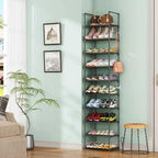 10 Tier Metal Shoes Rack, Narrow Stackable Shoes Shelf with Hooks, Shoe Tower F
