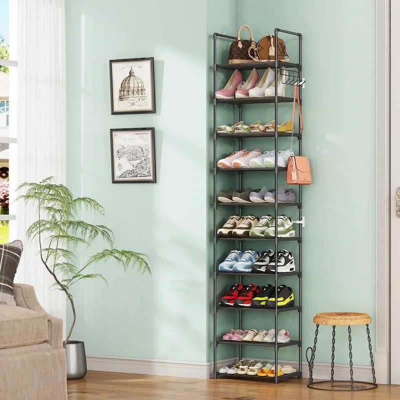 10 Tier Metal Shoes Rack, Narrow Stackable Shoes Shelf with Hooks, Shoe Tower F