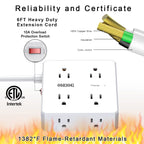 6 Ft Extension Cord Power Strip with 4 USB Ports Widely Surge Protector Outlets