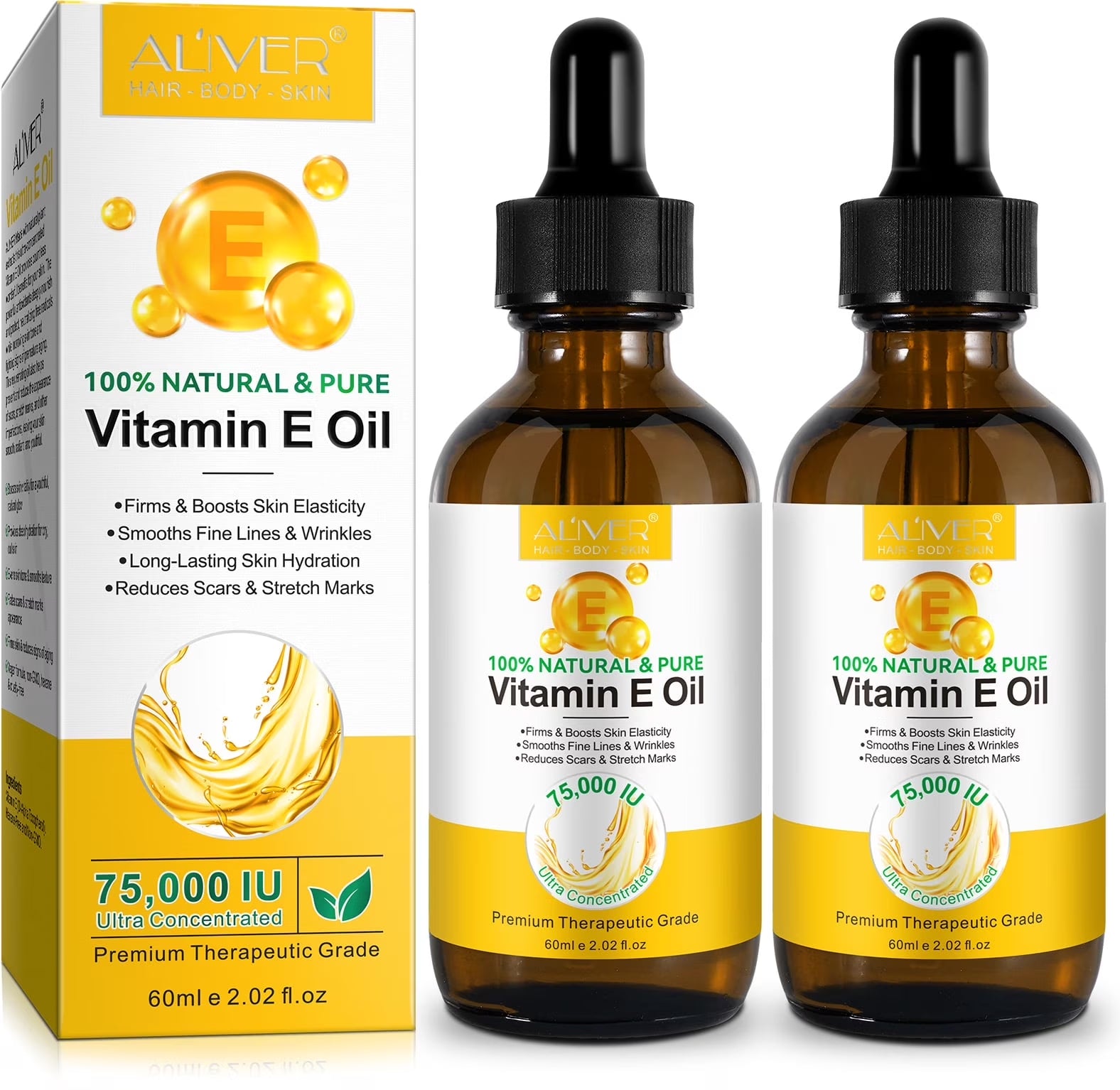 Aliver Vitamin E Oil for Skin, Face, Hair, Body, 75,000 IU, Moisturizing and Firming Skin, 2.02 Fl.Oz (2Pack)