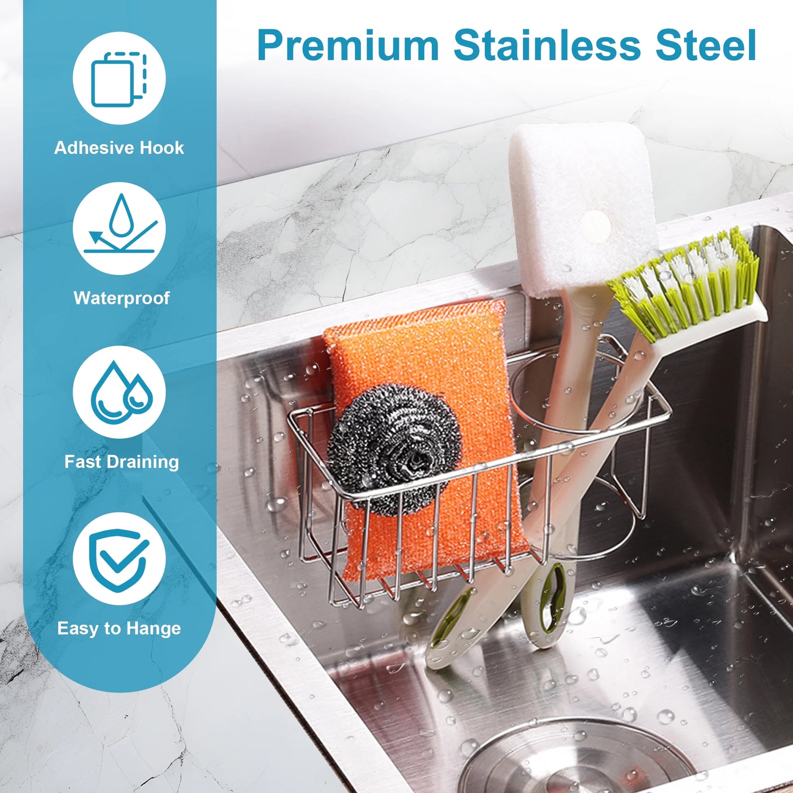 2-In-1 Sink Holder, Adhesive Rustproof Sponge Holder Kitchen Sink Organizer Bask