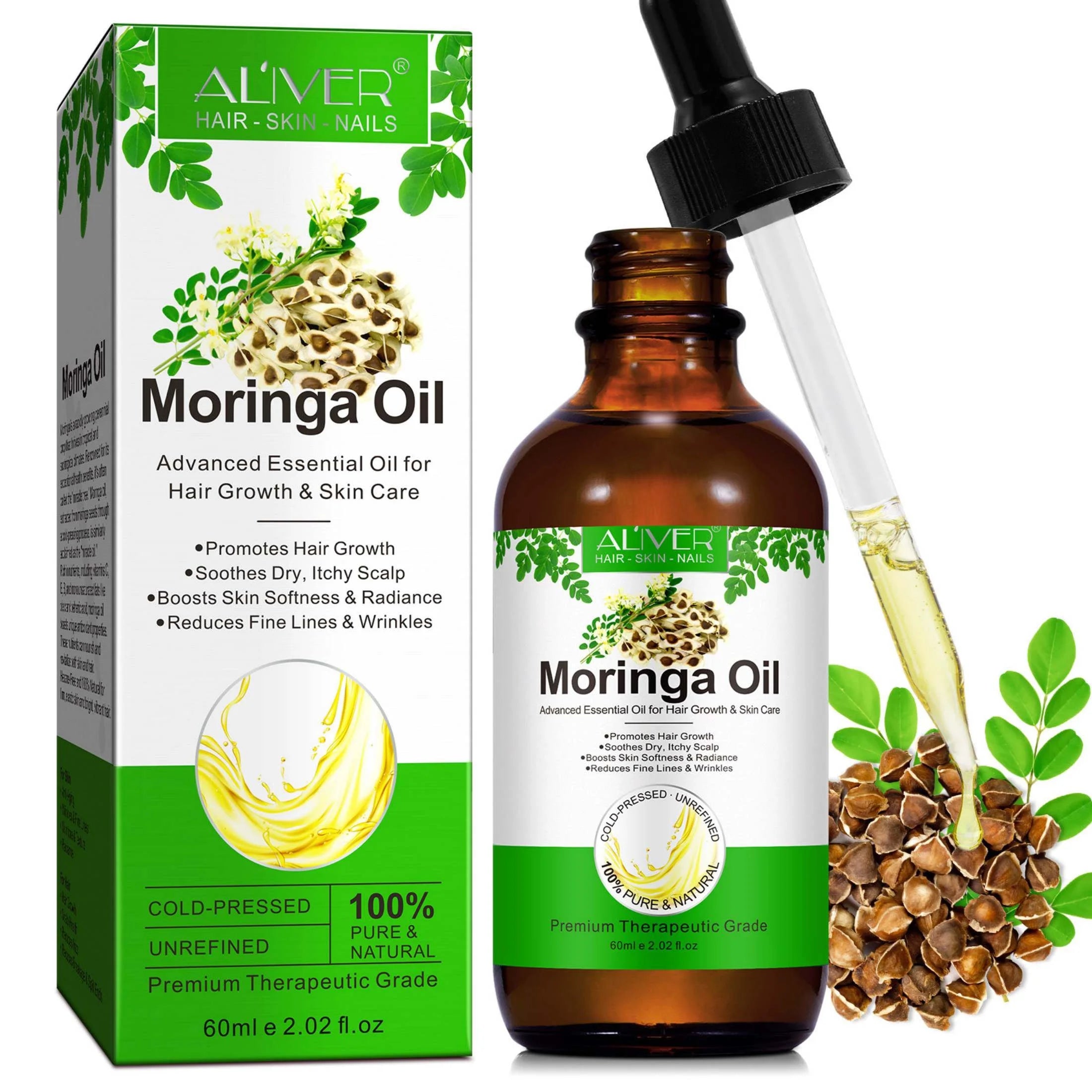 Aliver Moringa Oil 100% Pure & Natural,Reduces Breakage & Split Ends , Cold-Pressed, 2.02Fl.Oz