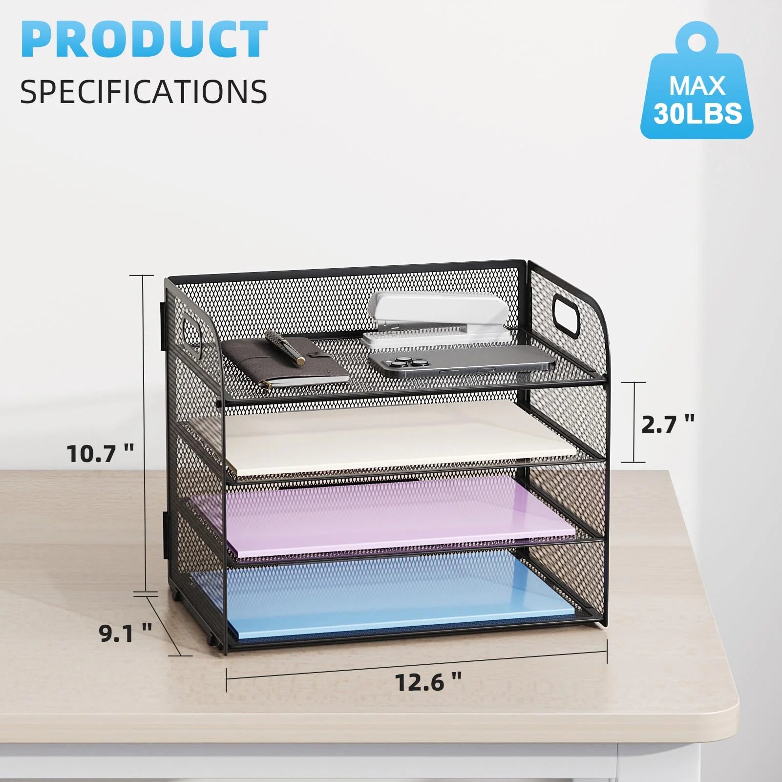4-Tier Desk Organizer Tray, ,Paper Organizer for Desk,Mesh Desktop File Organizers with Handle